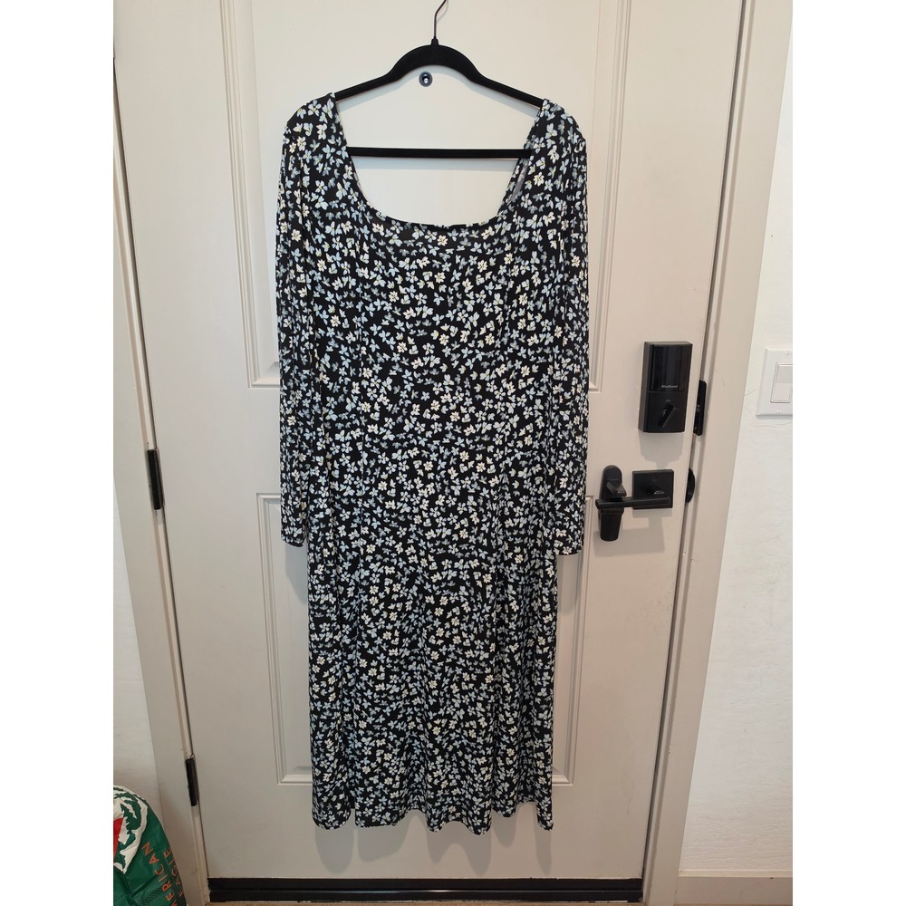 Lane Bryant Floral Midi Dress Womens 18/20 Black New Smocked Square Neck Slit